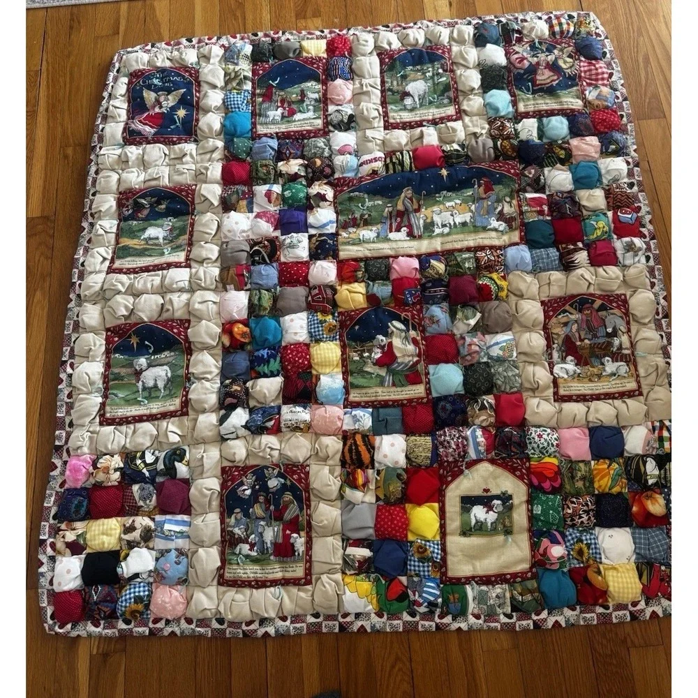 Vtg Handmade Christmas Puff Quilt 41x46 Patchwork Nativity Folk Art Sheep